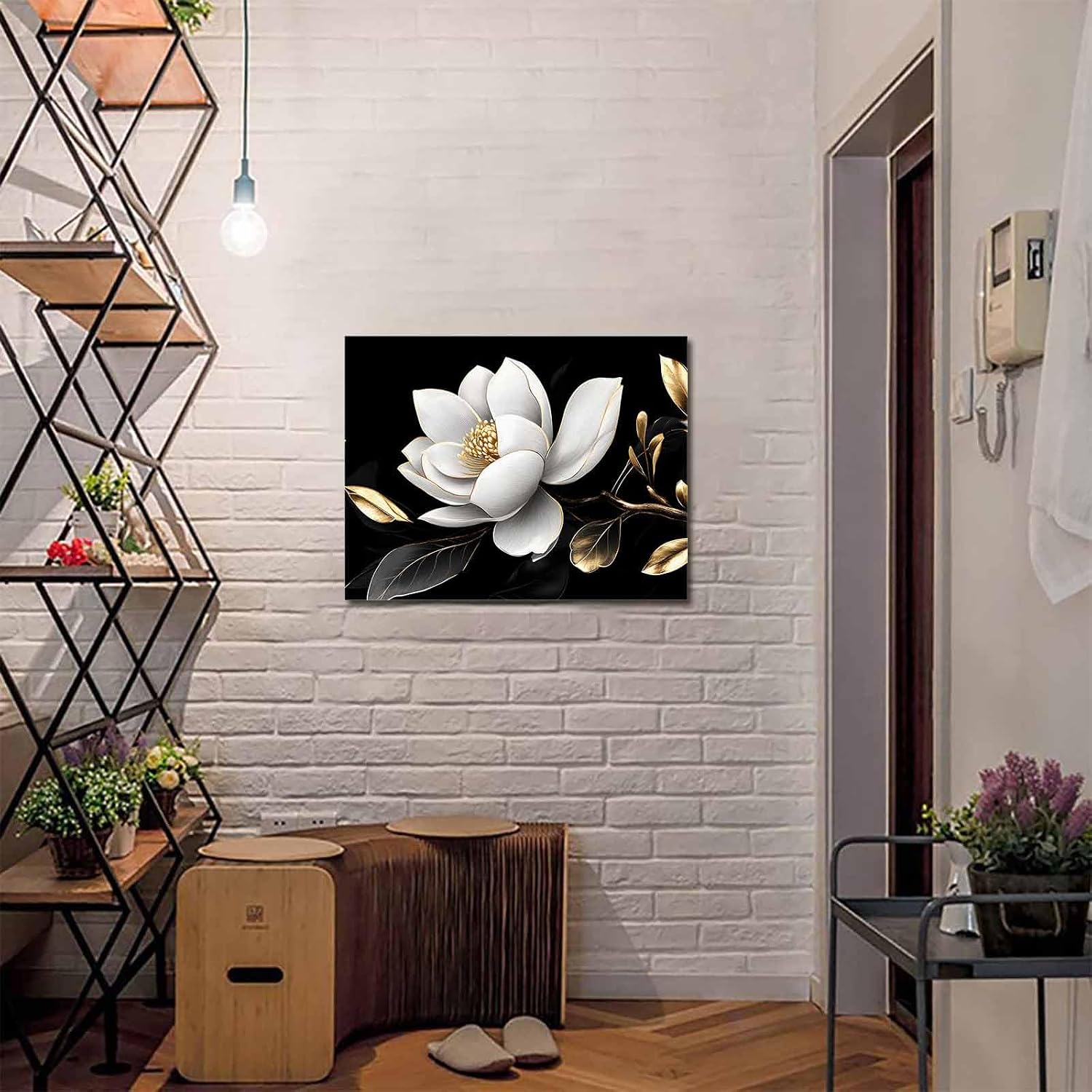 White Flowers Wall Art,Black Gold Farmhouse Floral Framed Canvas Picture Wall Decor for Living Room Bathroom Bedroom,Vintage Leaves Painting Artwork for Office Kitchen Hallway Home Decorations 24'x32'