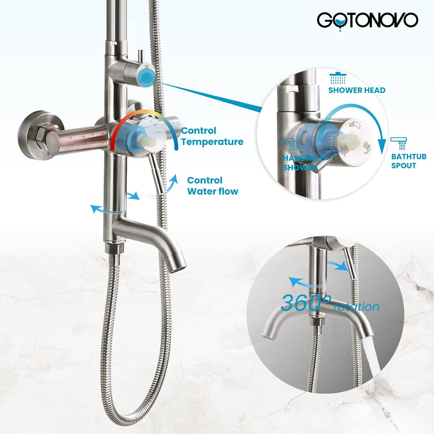 gotonovo Stainless Steel SUS304 Silver Shower faucet Set Wall Mount Triple Function Shower System 8 inches Shower Head Bathroom Adjustable Hand Spray Rainfall Brushed Nickel Shower Faucet Complete Set