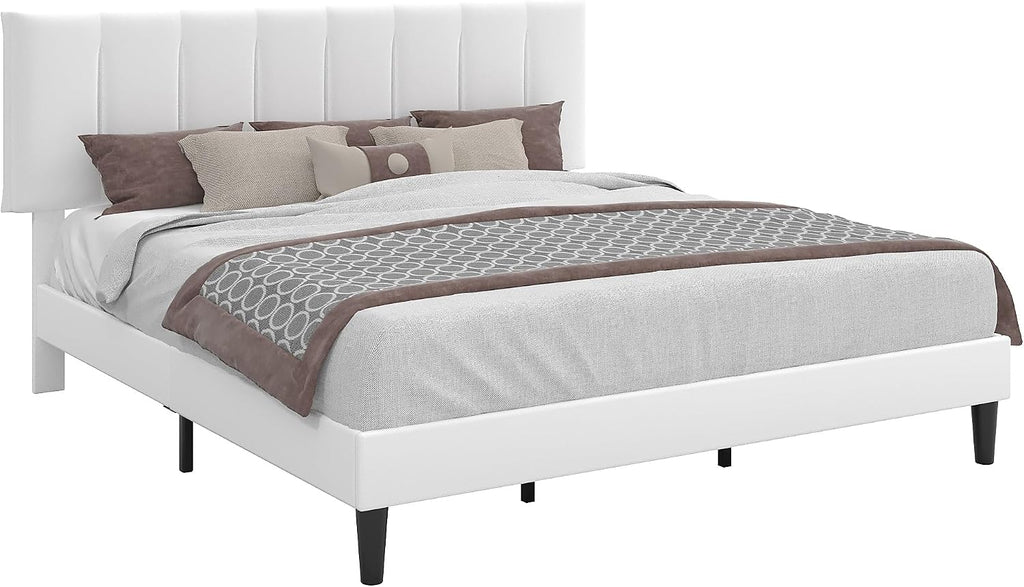 VECELO King Size Bed Frame with Upholstered Headboard, Heavy-Duty Bedframe with Strong Wooden Slats Support, No Boxing Spring Needed, Pure White