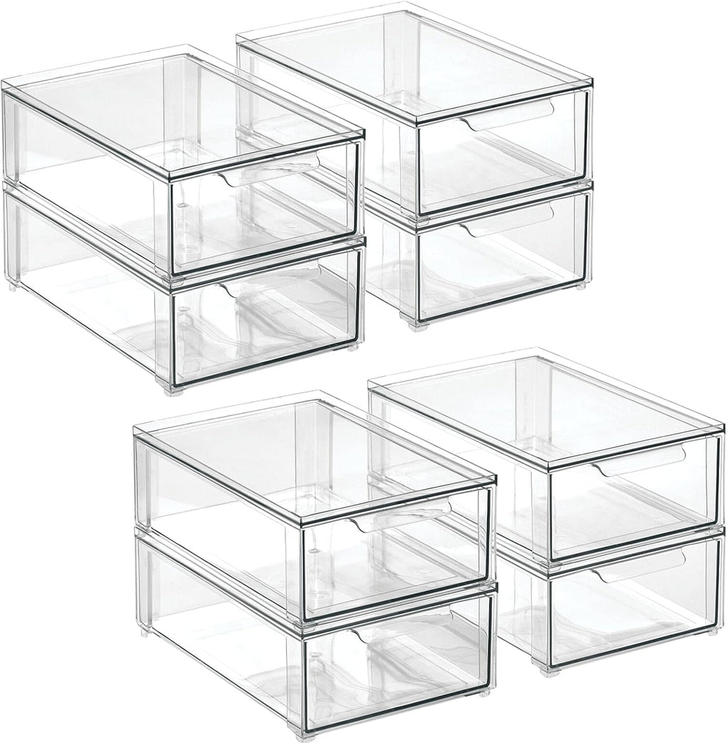 mDesign Plastic Stackable Bathroom Storage Organizer Bin with Pull Out Drawer for Cabinet, Vanity, Shelf, Cupboard, Cabinet, or Closet Organization - Lumiere Collection - 8 Pack - (Clear, 8 x 12 x 4)