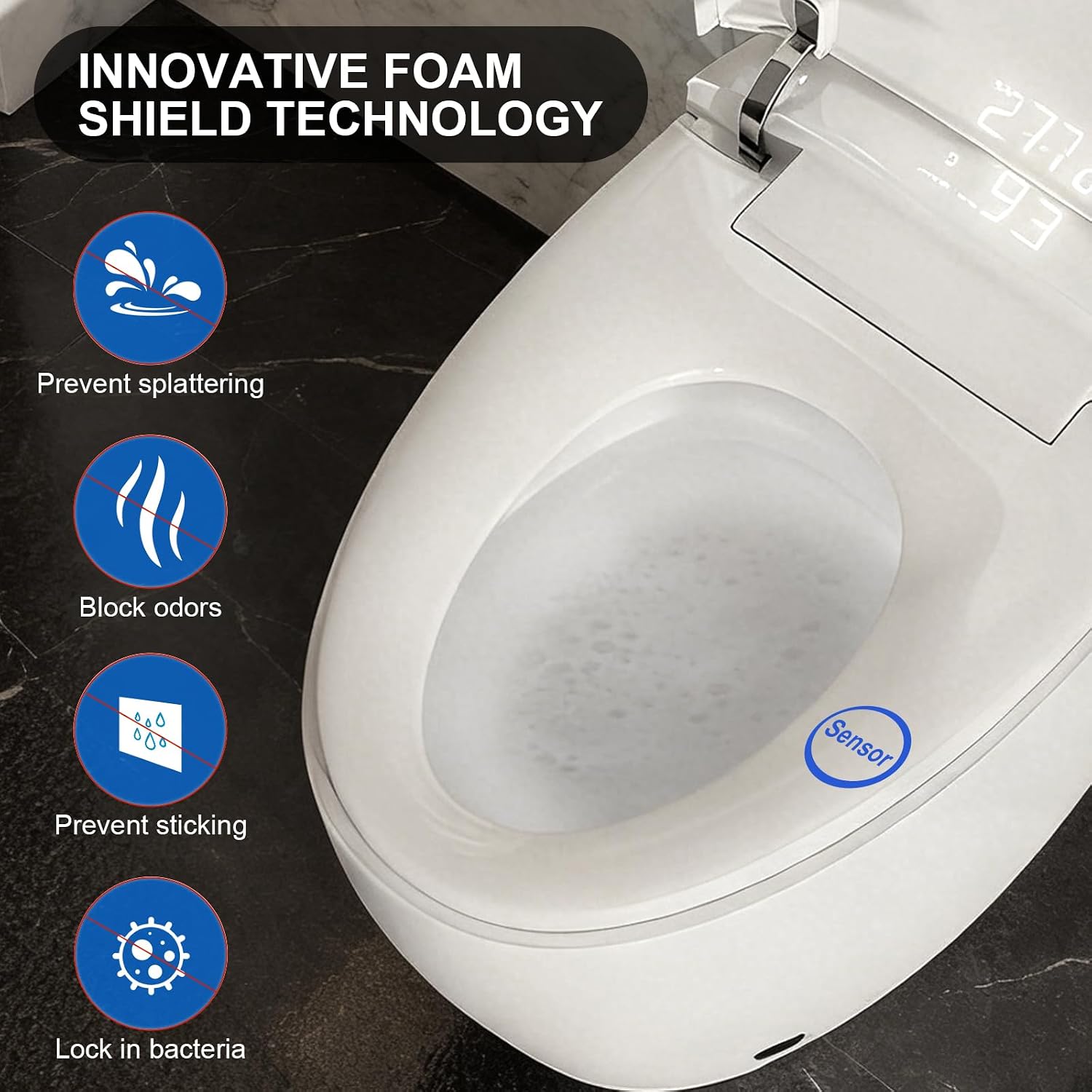 Smart Toilet with Bidet Built-in, Foam Shield Anti-Splash, Auto Open/Close Lid & Flush, Tankless One Piece Elongated Toilets with Heated Seat, Instant Warm Water, Air Dryer, Foot Sensor