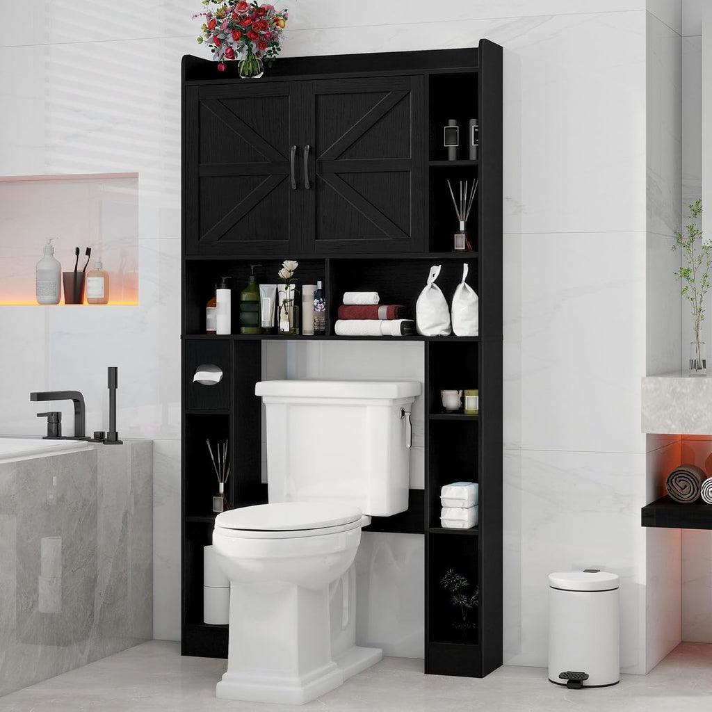 Vabches Over The Toilet Cabinet, Double Doors Bathroom Shelf Organizer with Toilet Paper Holder Stand and Open Storage Shelf, Small Freestanding Space Saver for Restroom, Bathroom, Laundry, Black