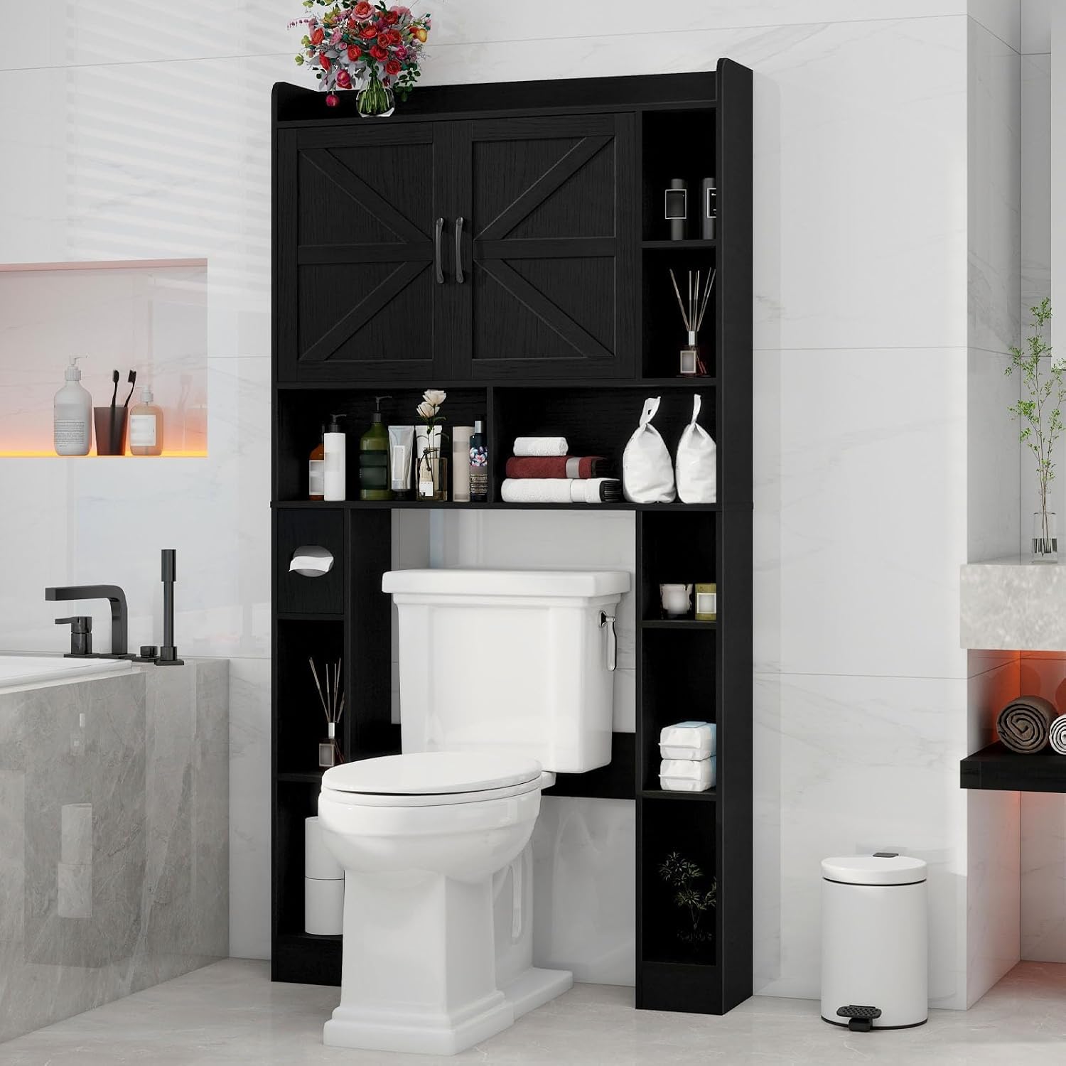 Vabches Over The Toilet Cabinet, Double Doors Bathroom Shelf Organizer with Toilet Paper Holder Stand and Open Storage Shelf, Small Freestanding Space Saver for Restroom, Bathroom, Laundry, Black