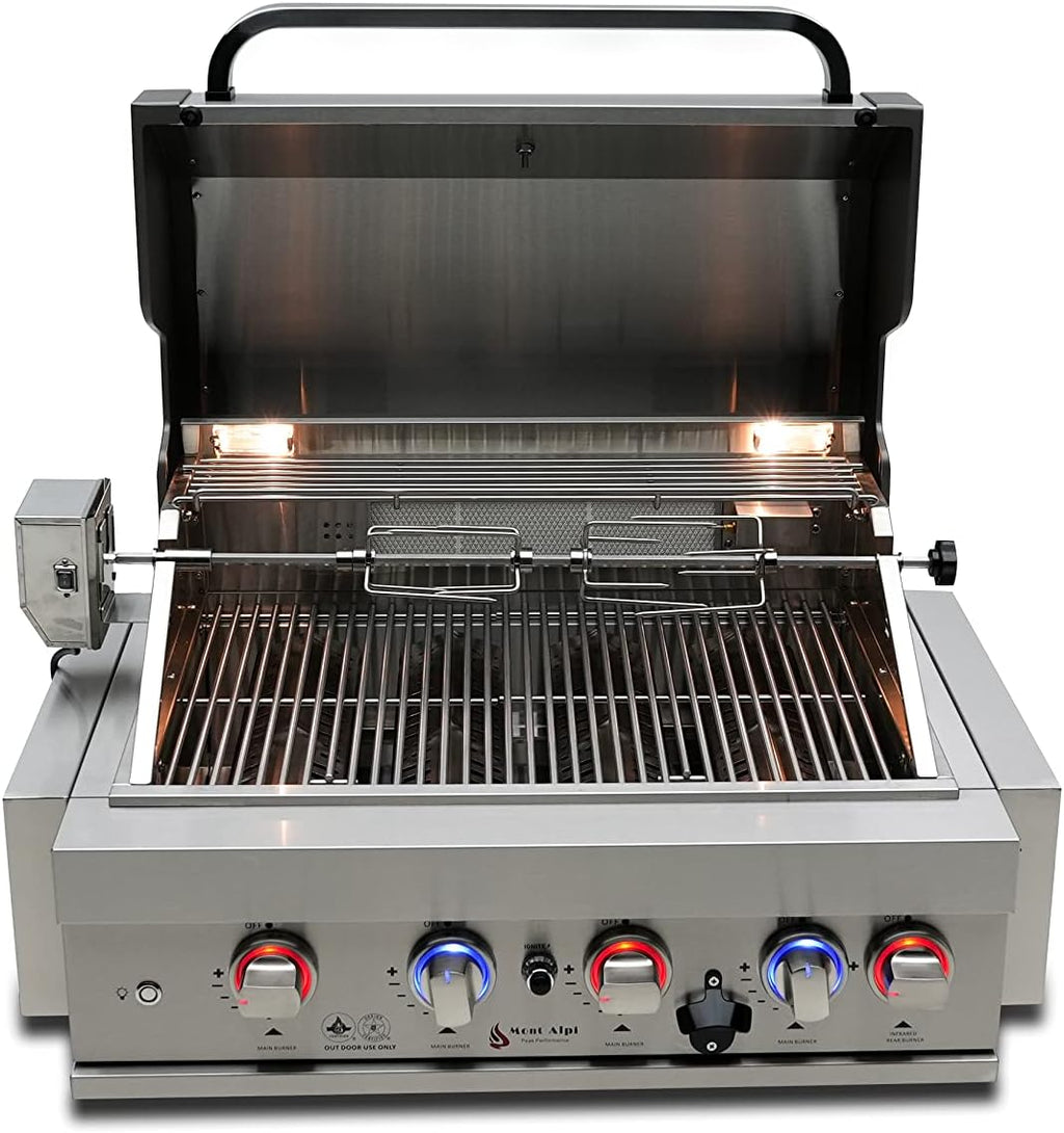 Mont Alpi Premium 32'W x 23'D x 21'H Stainless Steel 4-Burner 63000 BTUs Outdoor Kitchen Kitchen Island Heavy Duty Propane Built-in BBQ Grill Head with Infrared Rear Burner + Rotisserie Kit + Cover
