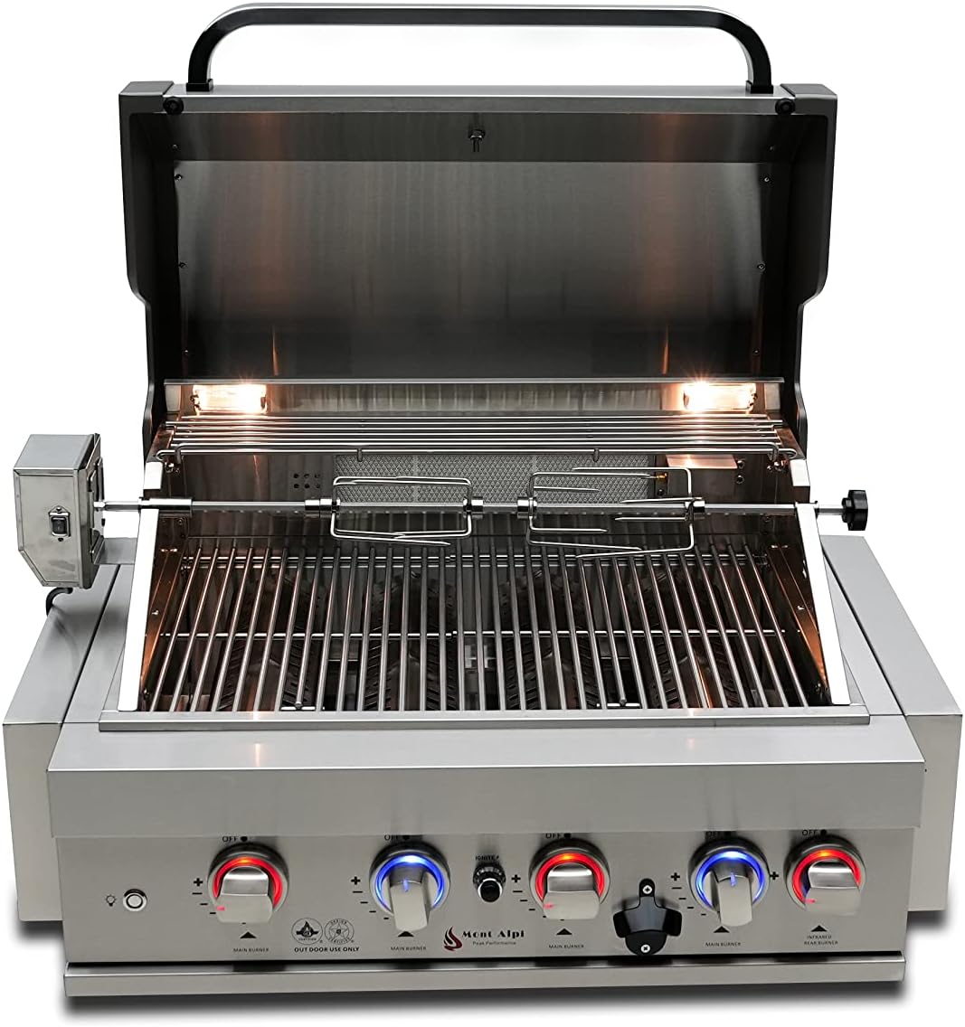 Mont Alpi Premium 32'W x 23'D x 21'H Stainless Steel 4-Burner 63000 BTUs Outdoor Kitchen Kitchen Island Heavy Duty Propane Built-in BBQ Grill Head with Infrared Rear Burner + Rotisserie Kit + Cover