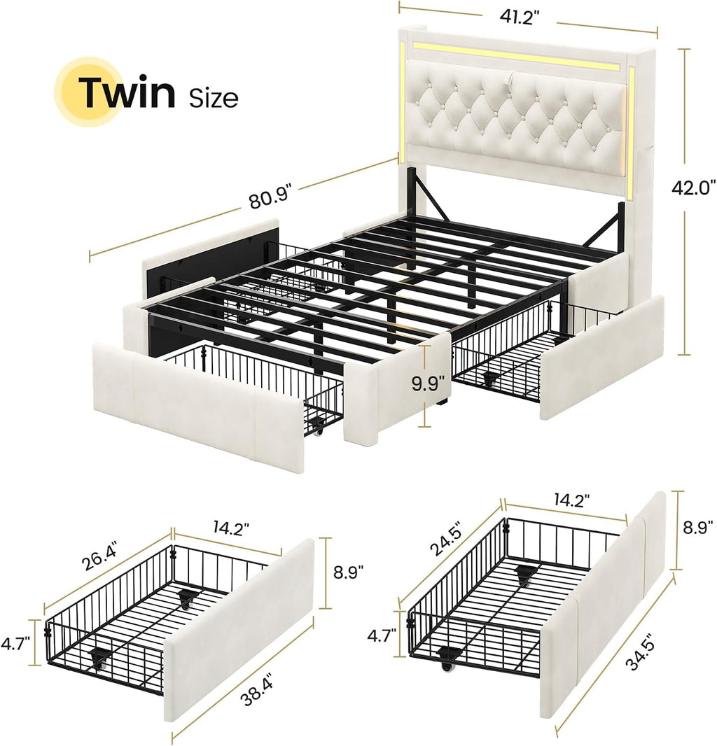 BTHFST Twin Upholstered LED Bed Frame with 3 Drawers, Velvet Hidden Storage Headboard with Charging Station, Button Tufted Headboard Princess Girl Twin Bed, No Box Spring Needed, Beige