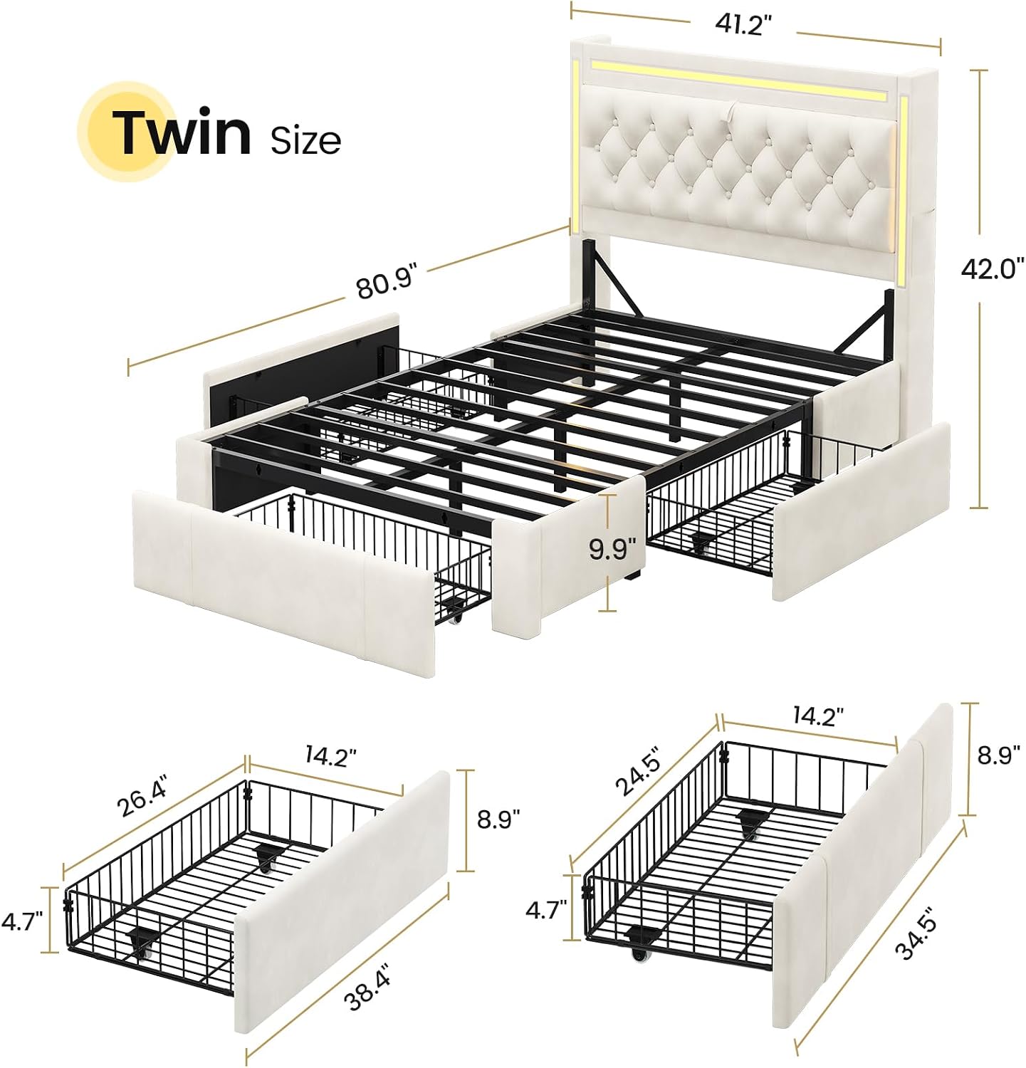 BTHFST Twin Upholstered LED Bed Frame with 3 Drawers, Velvet Hidden Storage Headboard with Charging Station, Button Tufted Headboard Princess Girl Twin Bed, No Box Spring Needed, Beige