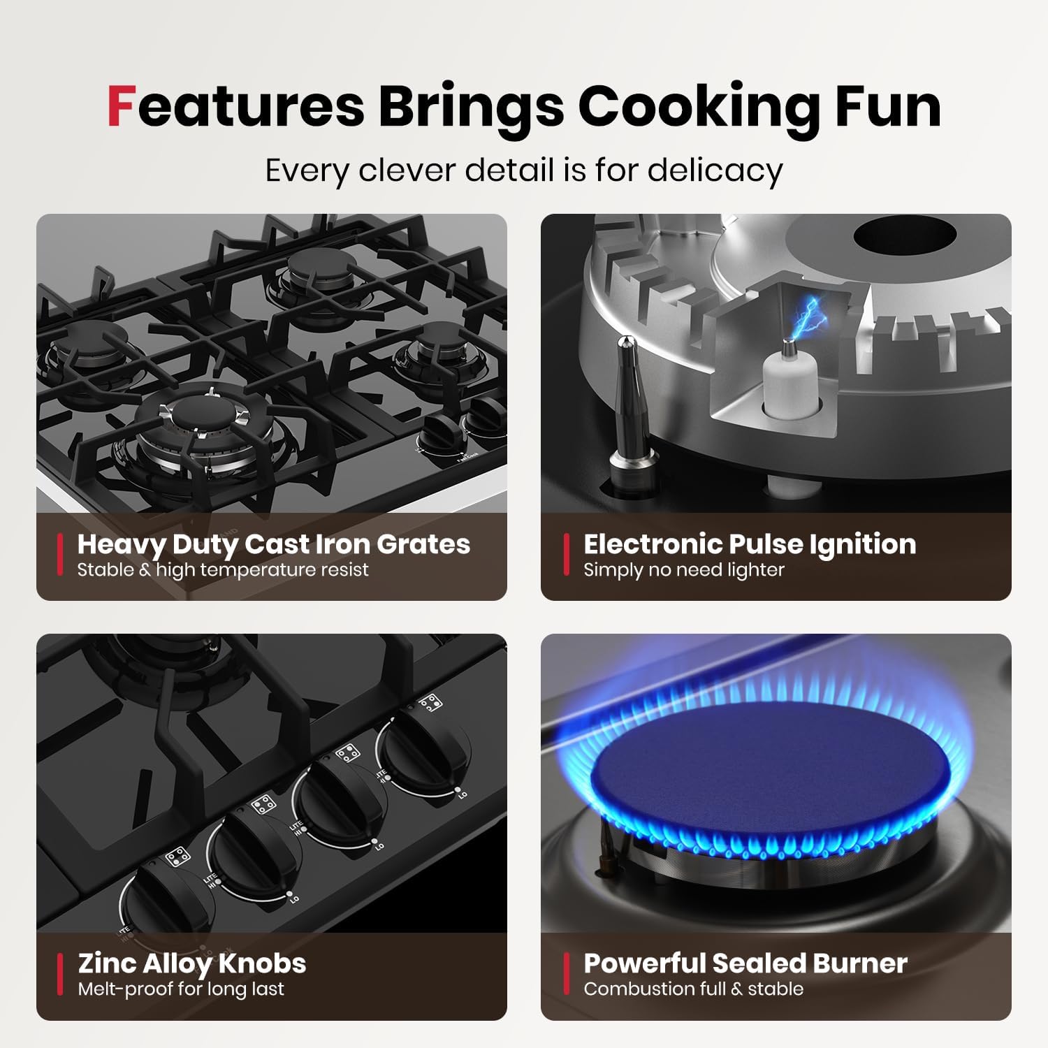GASLAND 24 Inch Gas Cooktop with Griddle 4 Burners, GH60EF Drop-in Propane Stove Top with Thermocouple Protection, LPG/NG Convertible Dual Fuel Natural Gas Hob, Black