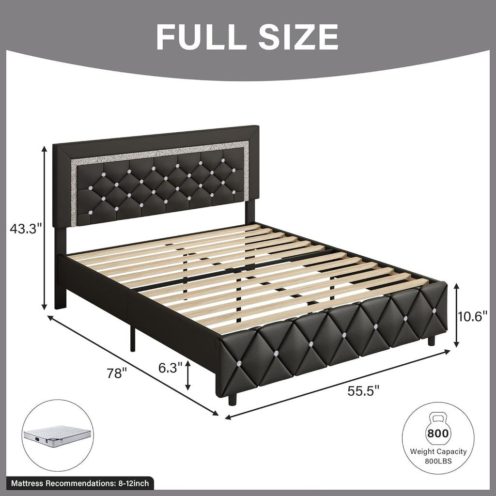 BarnFurin Full Size Bed Frame with Headboard, Faux Leather Upholstered Bed with Button Tufted Headboard, Modern Platform Bed Frame with Diamond Design, No Box Spring Required, Easy Assembly, Black