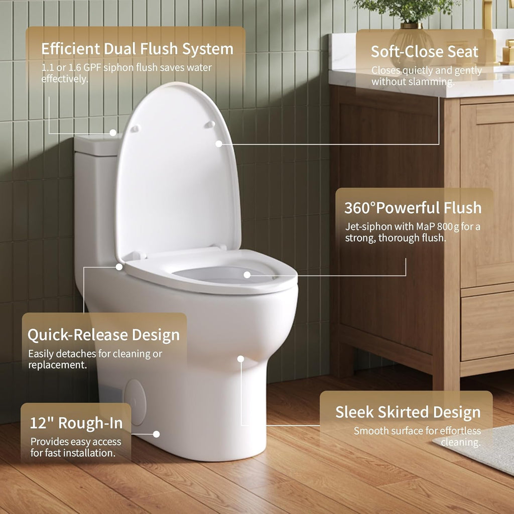 DeerValley One Piece Toilet Elongated Toilet with Soft-Close Seat Powerful 1.1/1.6 GPF Dual Flush Standard Height Toilets Skirted Design 12' Rough-In DV-1F026