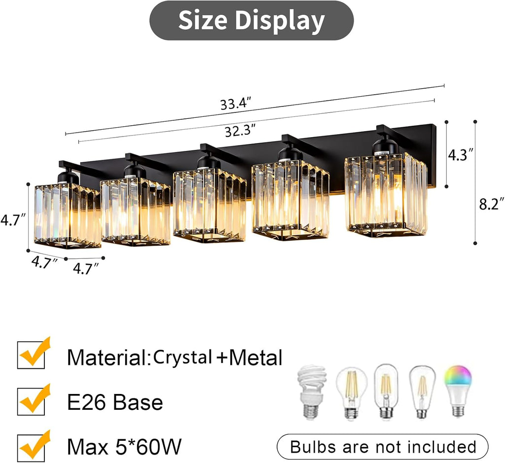 Black Crystal Bathroom Lighting Fixtures, 5 Light Modern Crystal Bathroom Vanity Lights Over Mirror, Wall Light Bathroom Light Fixtures