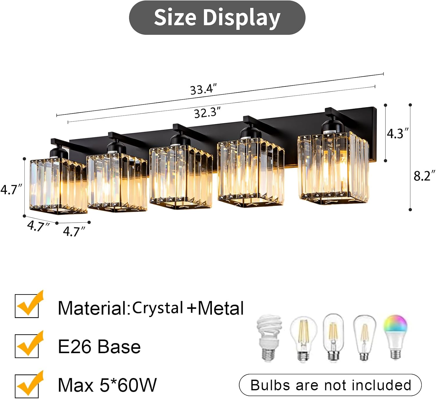 Black Crystal Bathroom Lighting Fixtures, 5 Light Modern Crystal Bathroom Vanity Lights Over Mirror, Wall Light Bathroom Light Fixtures