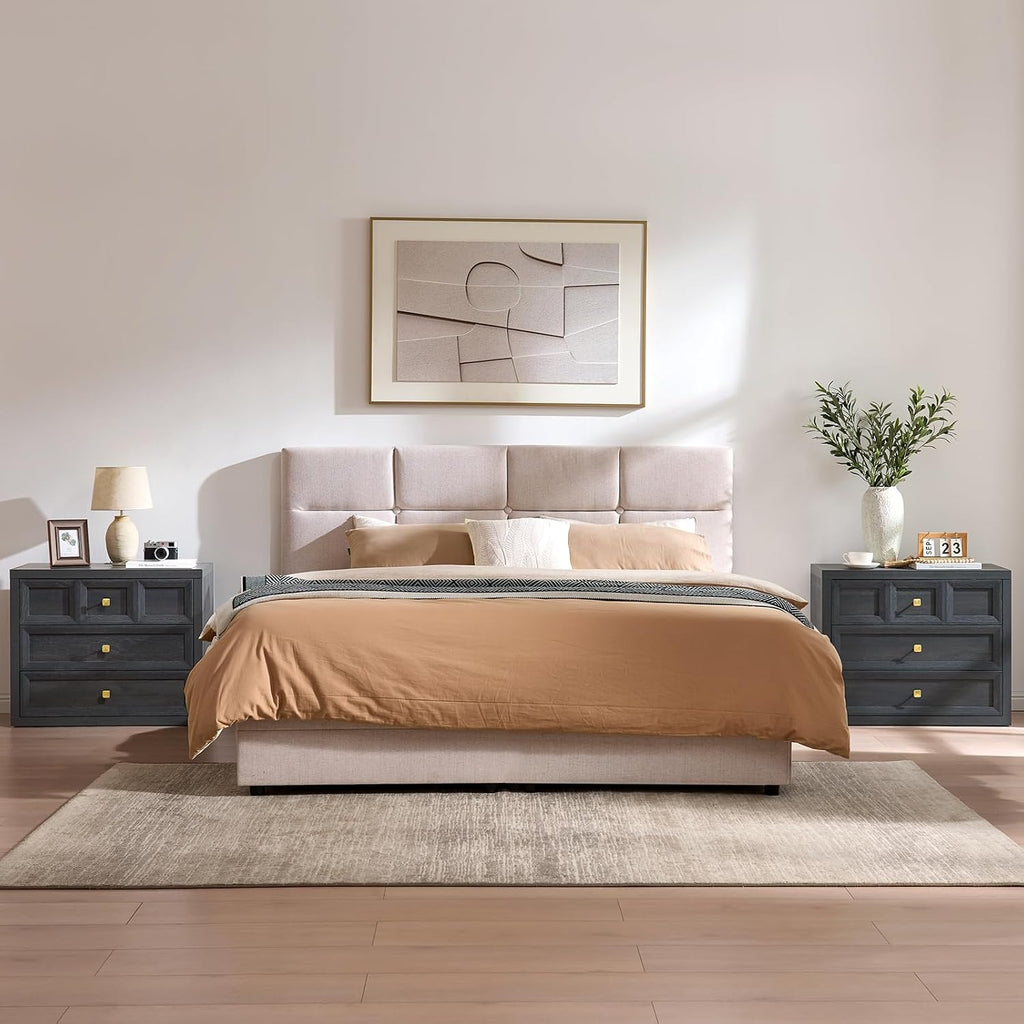 3 Drawers Nightstand Set of 2 W/Charging Station, 30.7' W King Size Bedside Table with 3 Drawers, Accent End Table W/Large Storage, Modern Wood Side Table for Bedroom,Office (2 Pieces, Gray Black)