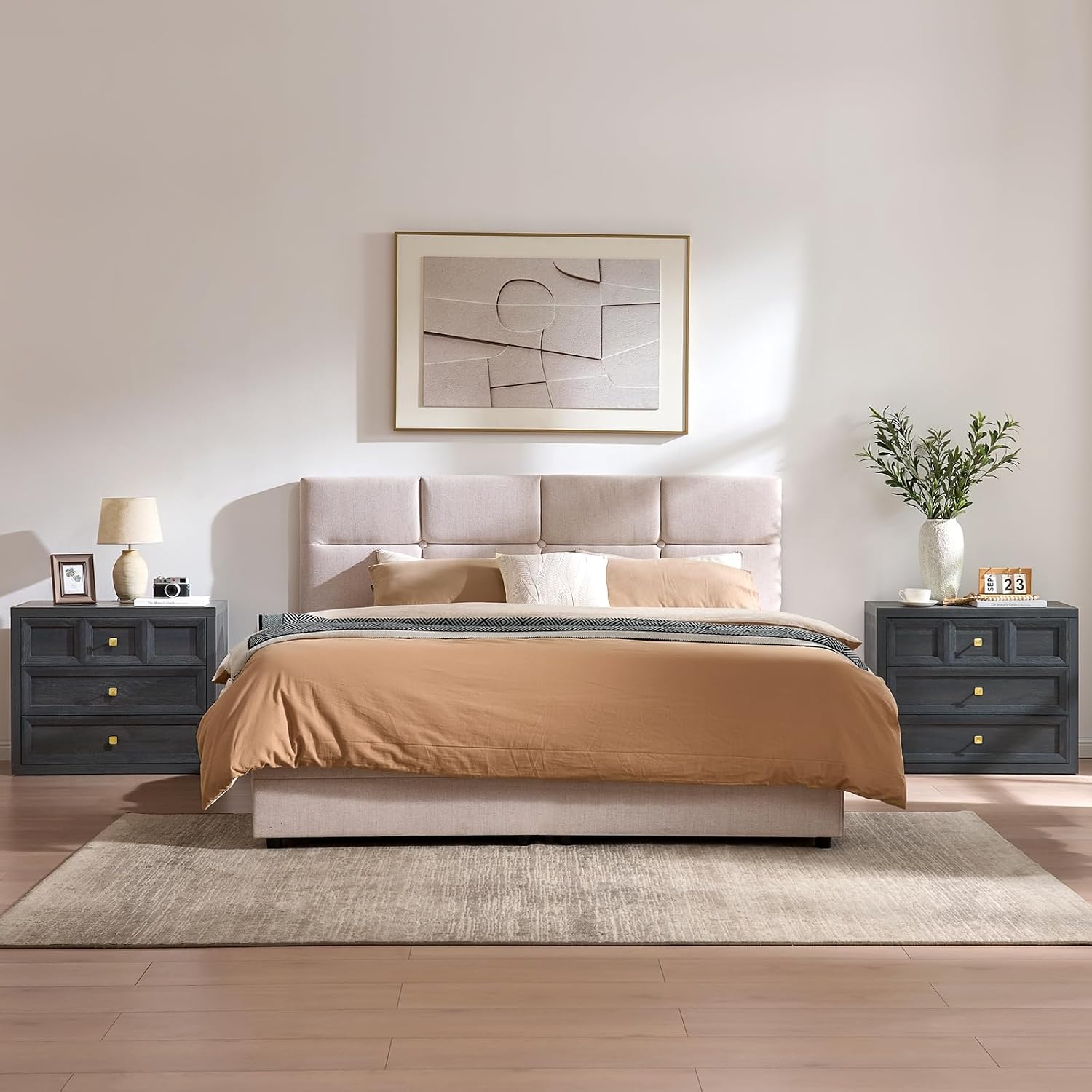 3 Drawers Nightstand Set of 2 W/Charging Station, 30.7' W King Size Bedside Table with 3 Drawers, Accent End Table W/Large Storage, Modern Wood Side Table for Bedroom,Office (2 Pieces, Gray Black)