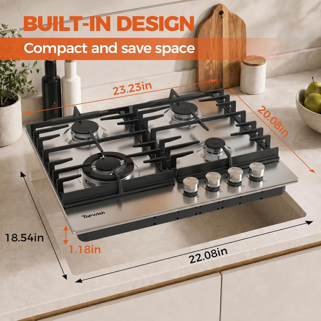 TOPWISH 24 Inch Gas Cooktop, Propane Stove Top with 4 Burners 27,400 BTU, NG/LPG Convertible Built-in Stainless Steel Stovetop with Thermocouple Protection for Kitchen, Apartments, RV