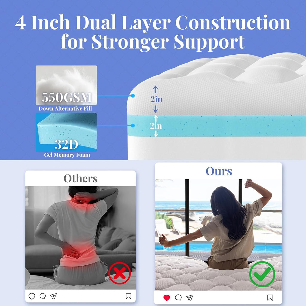 OhGeni Cooling 4 Inch Twin Size Dual Layer Mattress Topper 2 Pack, 2 Inch Gel Memory Foam, 2 Inch Soft Pillow Top Pad, Washable Bedroom Cover for Kids Mattresses, Sleep Comfort and Back Pain Relief