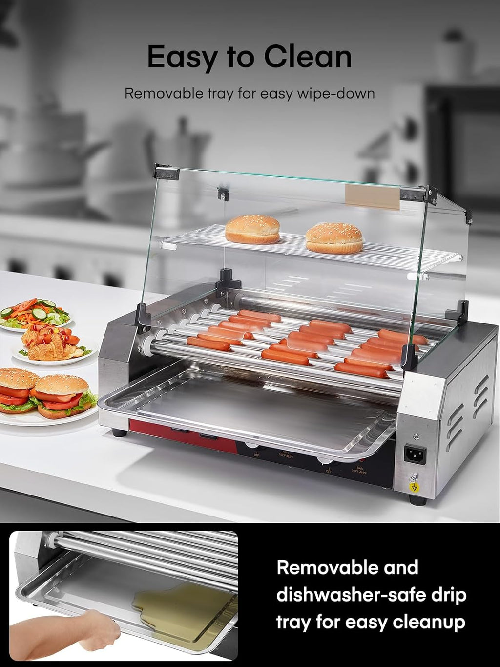 HOUSNAT Hot Dog Roller, 7 Rollers 18 Hot Dog Capacity,1050W Stainless Steel Hot Dog Machine with Bun Shelf, Drip Tray, Glass Cover & Dual Temp Control for for Kitchen, Party, and Canteen Use