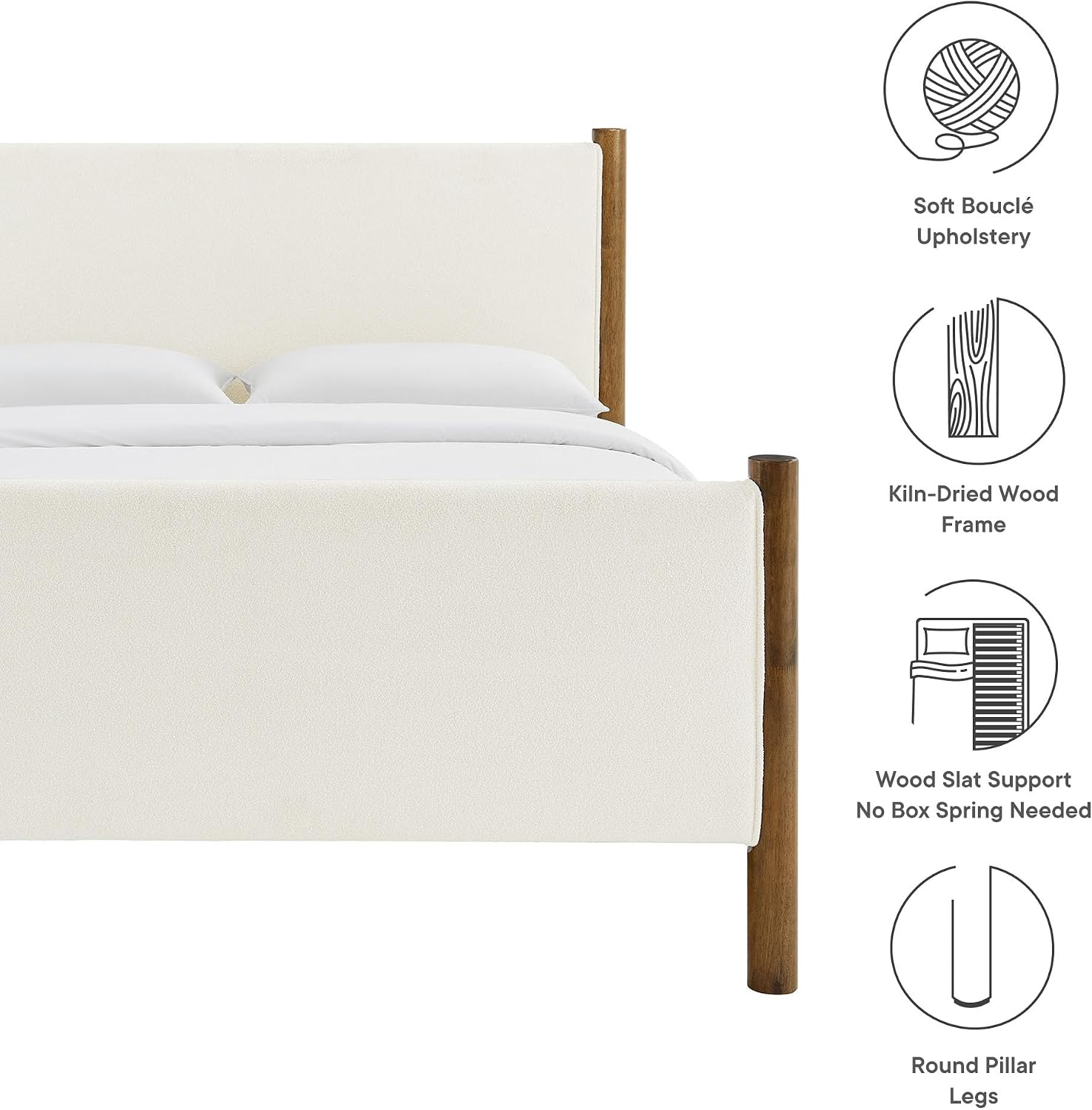 Modway Maven King Size Bed Frame in Feather Walnut with Upholstered Boucle Headboard and Footboard – Wood King Platform Bed Frame – No Box Spring Needed