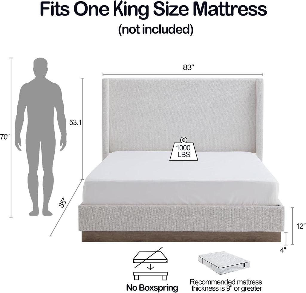 King Boucle Bed Frame with 53.1' Tall Headboard - Cream White Hosford Wingback Upholstered Platform Bed with Wood Base Bedroom Furniture Strong Mattress Wood Slats Support No Box Spring Needed