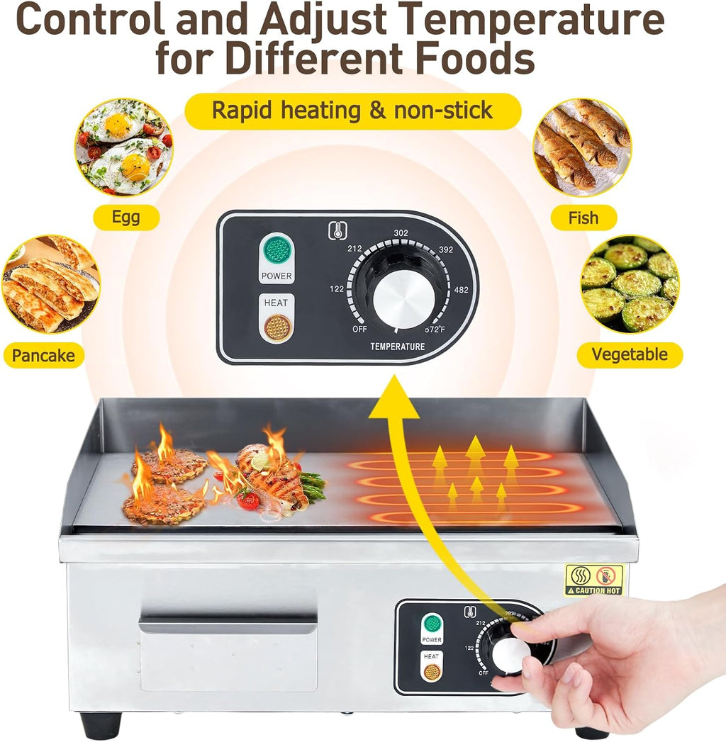 Commercial Electric Griddle 14' – Stainless Steel Non-Stick Teppanyaki Flat Top Grill – 122°F-572°F Adjustable Temperature, 1500W/3000W, 2 Shovels & 2 Brushes, Indoor Countertop,