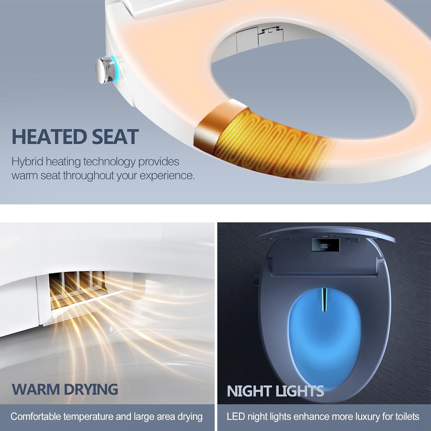 WLJBIDET Electric Heated Bidet Toilet Seat with Remote Control, Adjustable Warm Water & Pressure, Air Drying, Self-Cleaning Nozzle, Oscillating Cleaning, Display Screen, Slow Closed Lid - Round