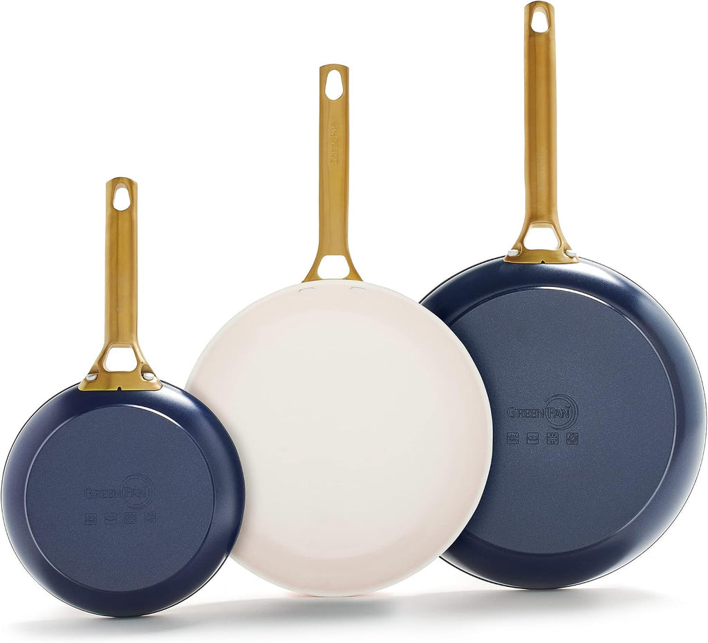 GreenPan Hard Anodized Healthy Ceramic Nonstick 8' 10' and 12' 3 Piece Frying Pan Skillet Set, Gold Handle, Induction, PFAS-Free, Dishwasher Safe, Oven Safe, Twilight Blue