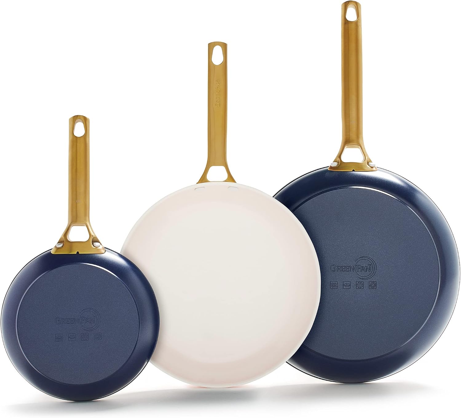 GreenPan Hard Anodized Healthy Ceramic Nonstick 8' 10' and 12' 3 Piece Frying Pan Skillet Set, Gold Handle, Induction, PFAS-Free, Dishwasher Safe, Oven Safe, Twilight Blue