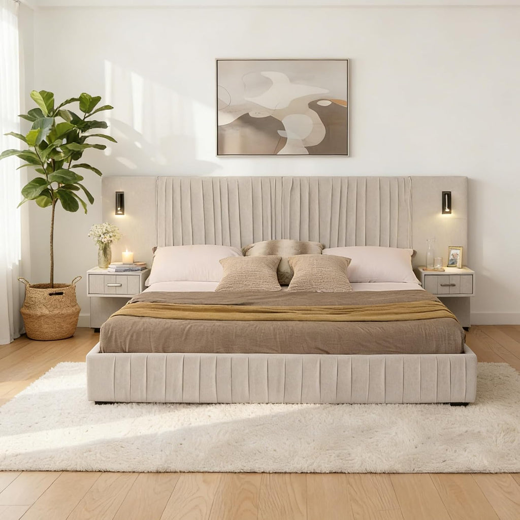 KEIKI Queen Size Chenille Bed Frame with 2 Nightstands, Lamps & Oversize Headboard, Solid Wood Frame Platform Night Stand Bedroom Set, Upholstered Floor Grounded Bed, No Box Spring Needed, Beige