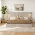 KEIKI Queen Size Chenille Bed Frame with 2 Nightstands, Lamps & Oversize Headboard, Solid Wood Frame Platform Night Stand Bedroom Set, Upholstered Floor Grounded Bed, No Box Spring Needed, Beige
