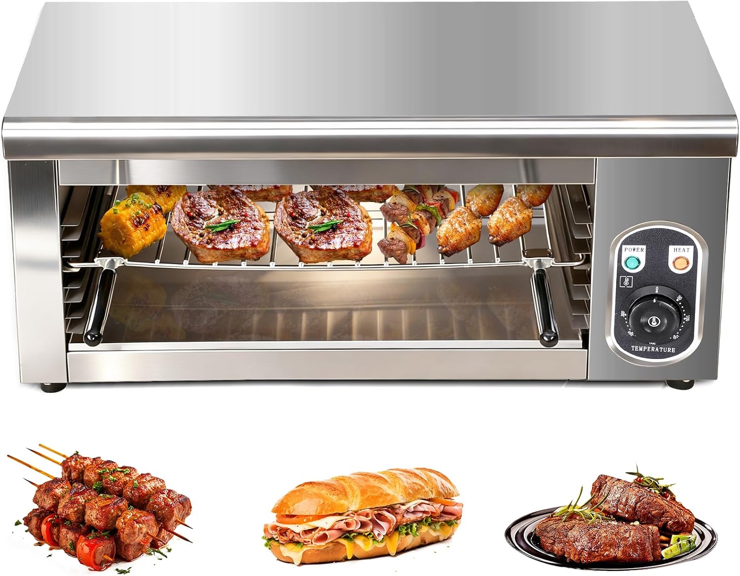 Commercial Electric Cheese Melter Salamander Broiler, 1600W Steak Broiler with Adjustable Temp Control (122°F-572°F), Wall Mount or Countertop, Stainless Steel Raclette Grill, for Cheese, Steaks