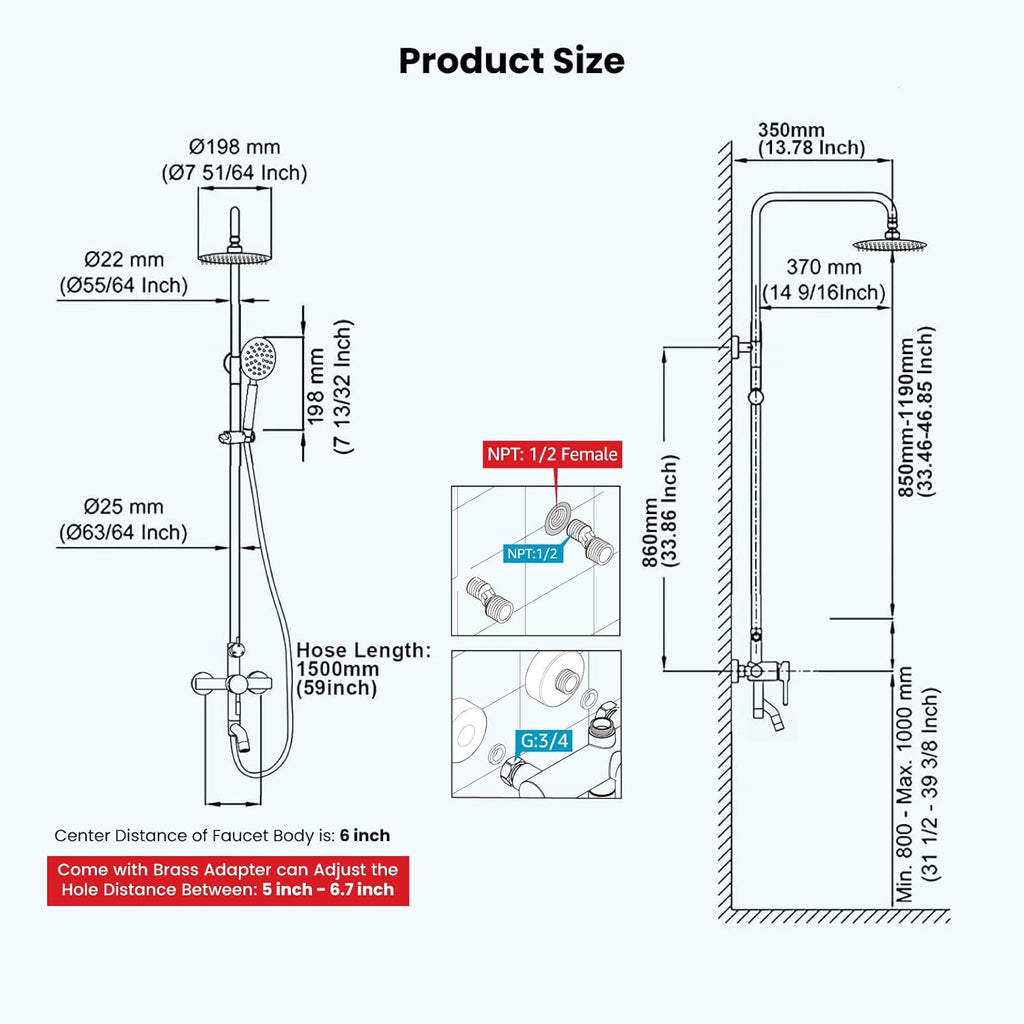 gotonovo Stainless Steel SUS304 Silver Shower faucet Set Wall Mount Triple Function Shower System 8 inches Shower Head Bathroom Adjustable Hand Spray Rainfall Brushed Nickel Shower Faucet Complete Set