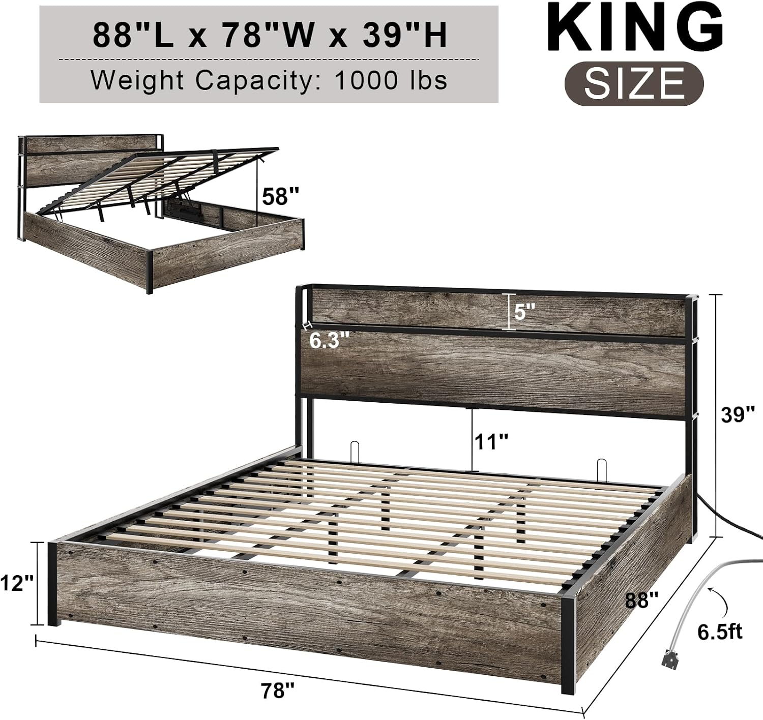 AMERLIFE King Size Lift Up Storage Bed Frame, Wooden Platform Bed Frame with Lifting Storage & Charging Station, No Spring Box Needed/Noise Free, Rustic Grey