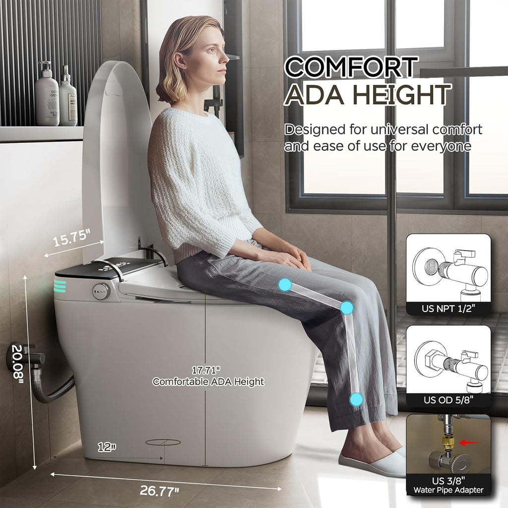 Smart Toilet with Bidet Built In ADA Height 17.7', One Piece Tankless Bidet Toilet with Auto Open Close, Foam Shield, Voice Control Modern Elongated Toilet with Heated Seat, Warm Water & Dryer