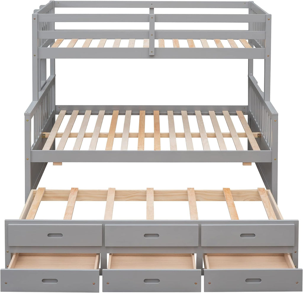 Harper & Bright Designs Twin Over Full Bunk Bed with Twin Size Trundle and 3 Storage Drawers, Solid Wood Bunk Bed Frame with Ladder, Grey