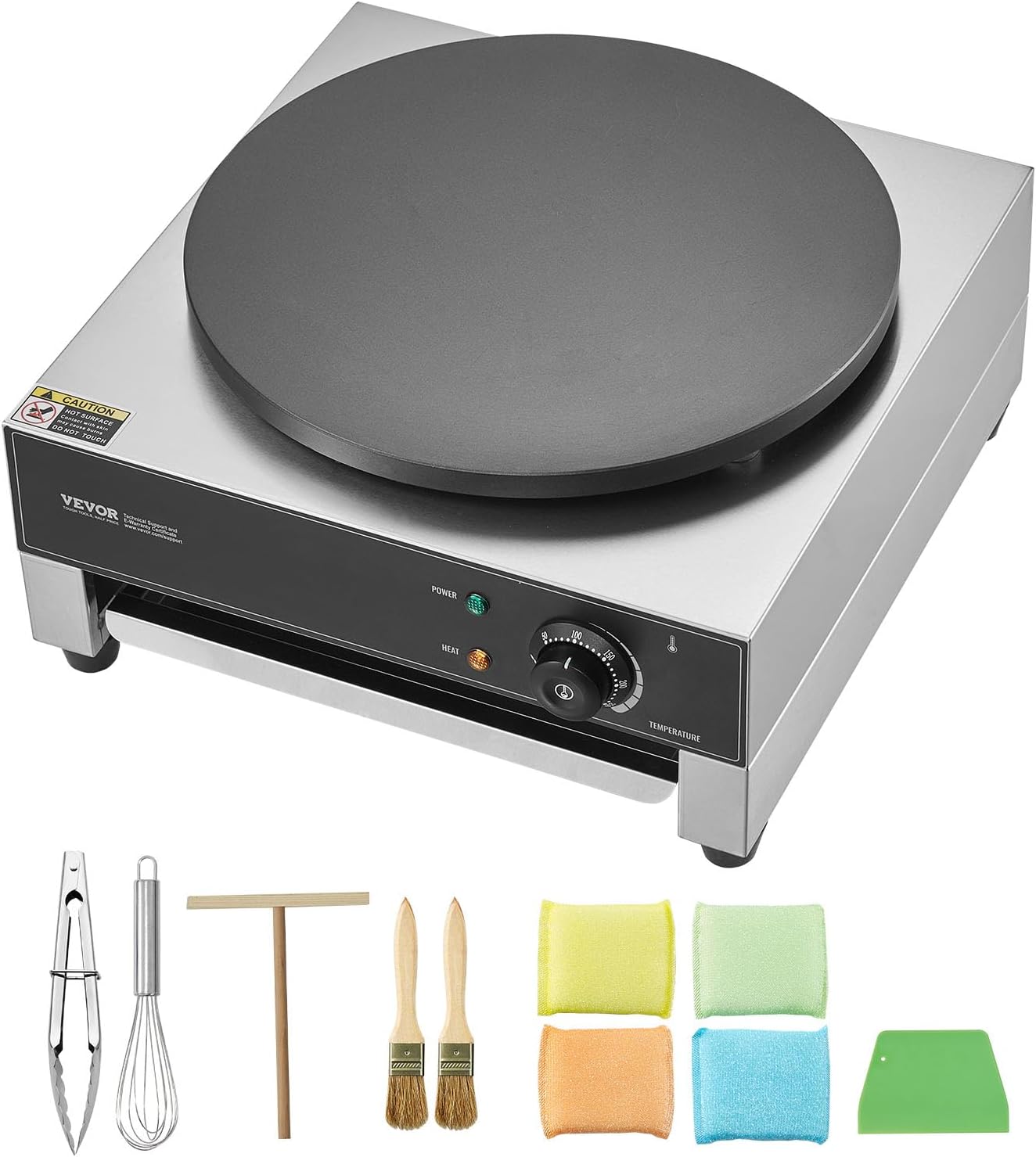 VEVOR Electric Crepe Maker, 16-Inch Commercial Crepe Machine, 1700W Flat Plate Crepe Griddle, Nonstick Stainless Steel Pancake Making Machine, Desktop Circular Cereals Pancake Stove with Temp Control