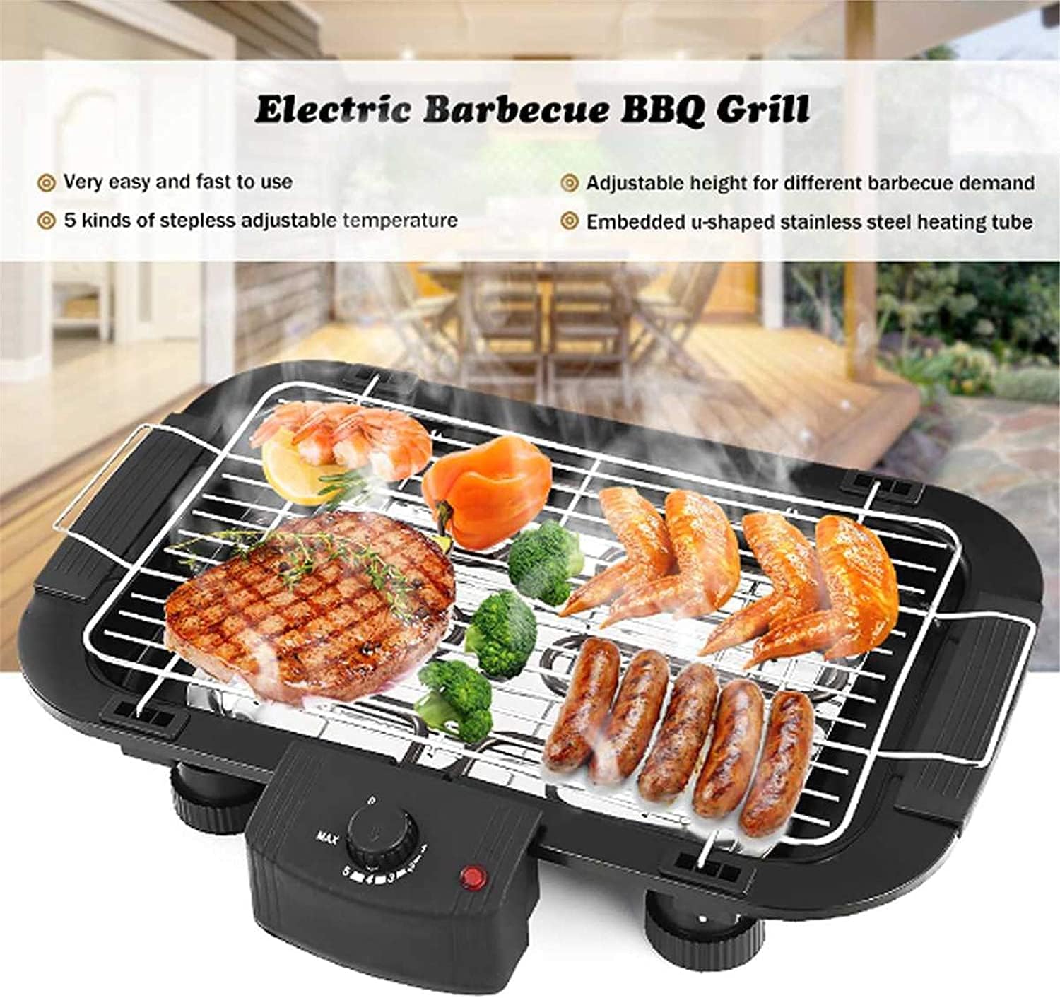Smokeless Electric Tabletop Grill Griddle Non-Stick Teppanyaki Grill Pan Easy Clean Adjustable Temperature Indoor Portable BBQ Barbecue 2000W