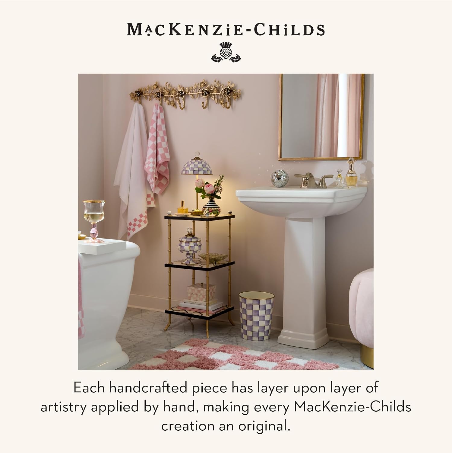 MACKENZIE-CHILDS Enamel Toilet-Tissue Storage, Decorative Toilet-Paper-Holder Stand for Bathroom, Purple-and-White Violet Check