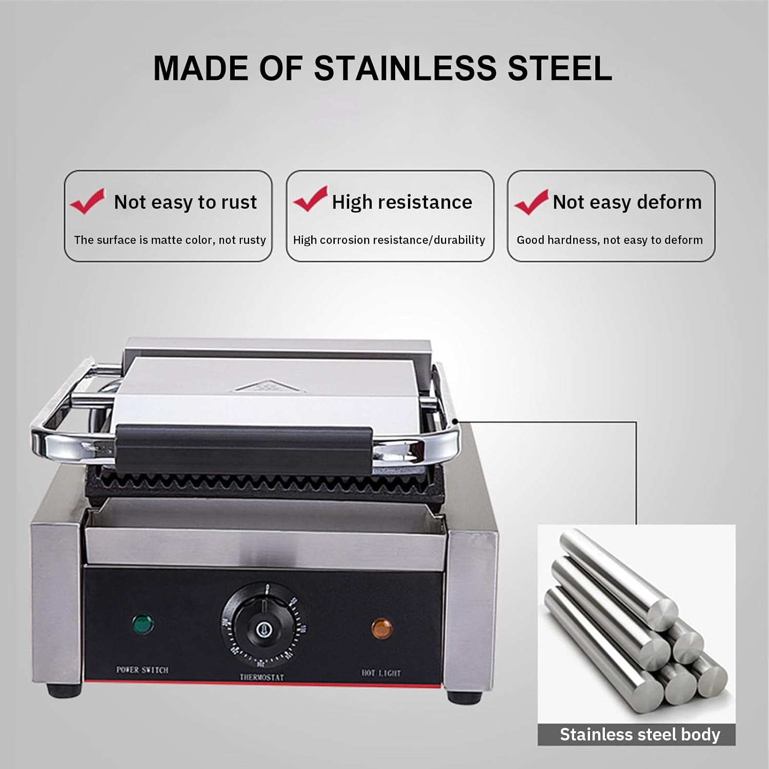 1800W Panini Grill, Sandwich Maker, Commercial Smokeless Indoor Grill, Removable Plates, Stainless Steel, For Steak, Hamburger, Waffle,110V