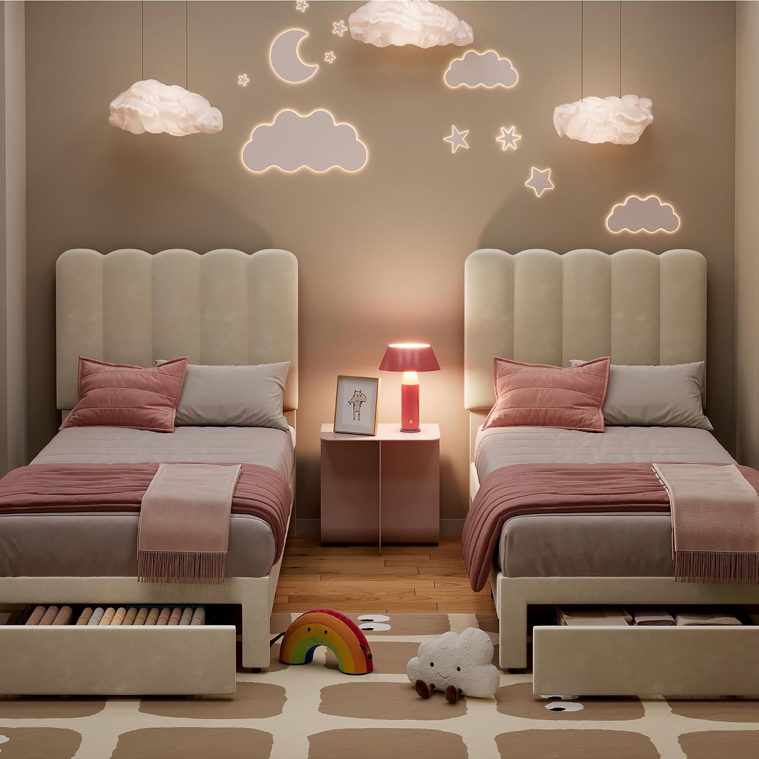 IDEALHOUSE Twin Bed Frame with Storage Drawer and Headboard, Velvet Upholstered Twin Platform Bed Frame for Girls, Strong Wooden Slats Support, Noise-Free, Easy Assembly (Beige)