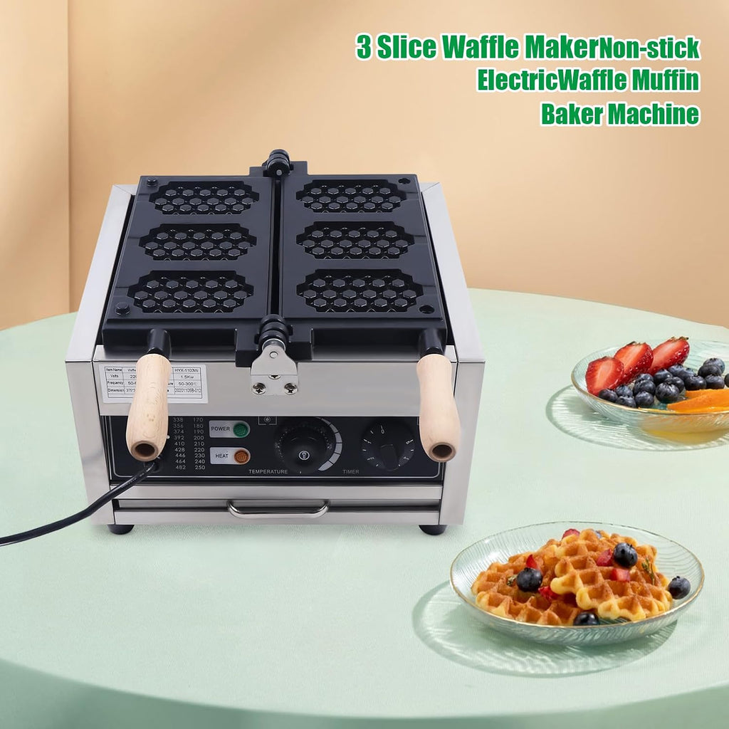 Waffle Making Machine, 110V 1500W Commercial Waffle Maker Electric Stainless Steel Rotatable Double-Head Heating Waffle Making for Tea Shops, Snack Bars, Dessert Shops (3 Grids 110V 1500W)