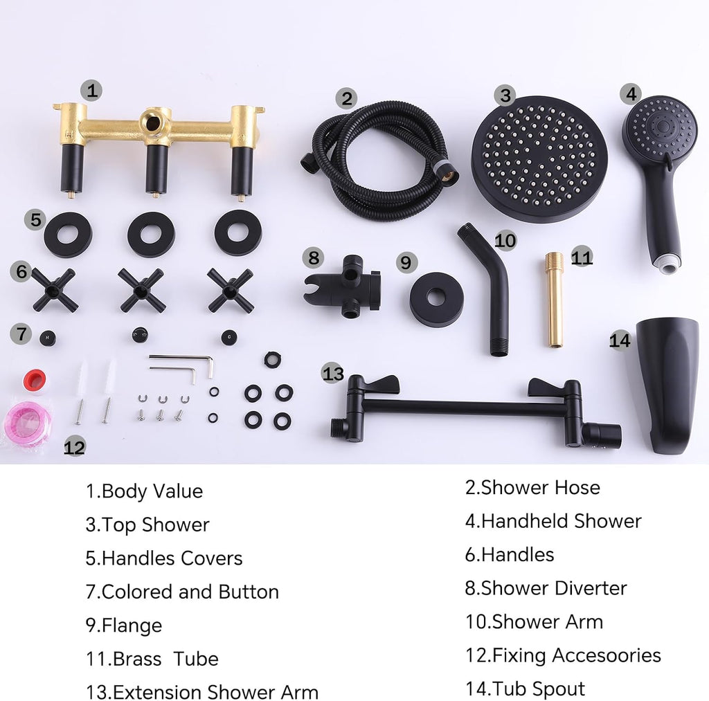 LIWEIKE 3 Handle Tub Shower Faucet Set Matte Black Three Knob Shower Faucet with Tub Spout and Adjustable Extension Shower Arm Roug-in Valve