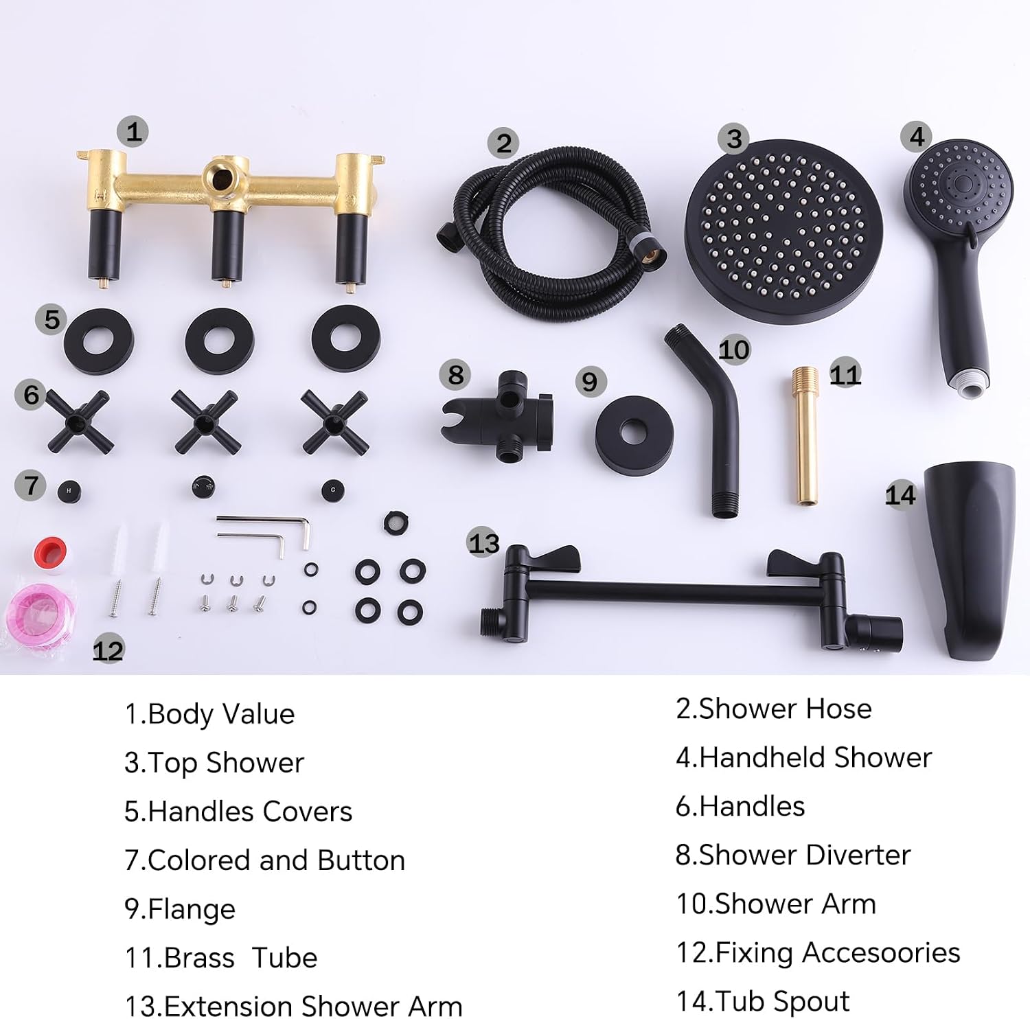LIWEIKE 3 Handle Tub Shower Faucet Set Matte Black Three Knob Shower Faucet with Tub Spout and Adjustable Extension Shower Arm Roug-in Valve