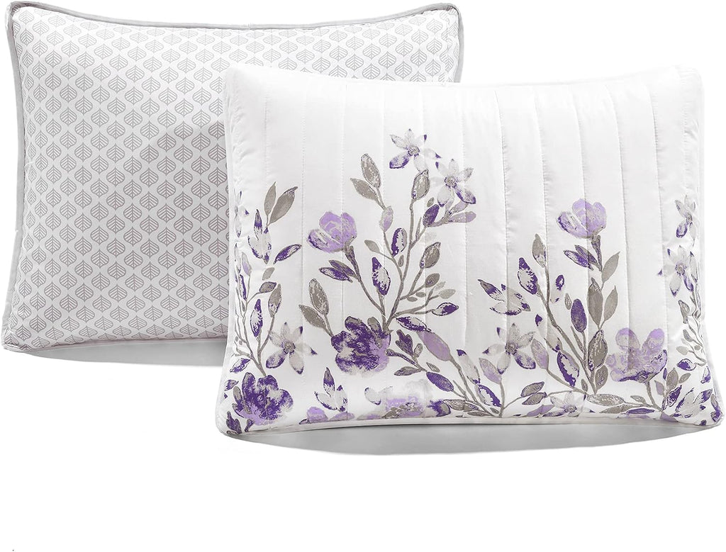 Lush Decor Tanisha Reversible Floral Quilt Set, 5 Piece Set, King, Gray & Purple - Elegant Floral Bedding Set - Purple Lavender Quilt - Beautiful Flower Print - Modern Farmhouse & Cottage Home Decor