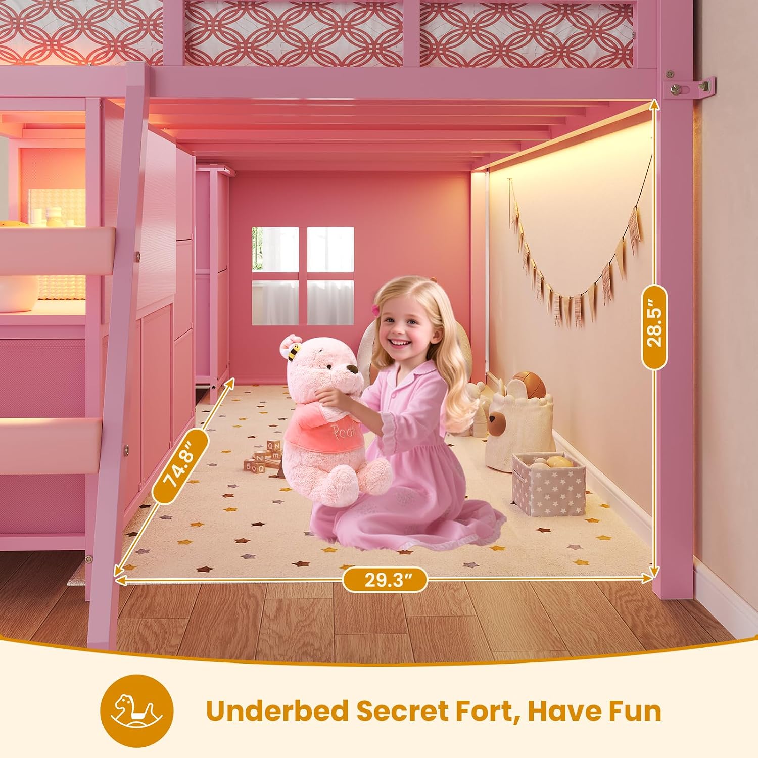 ADORNEVE Low Loft Bed Twin Size with 7 Storage Drawers, Bookcase and LED Lights, Metal Kids Loft Bed with 14' H Safety Guardrail,Inclined Ladder and Play Curtain, Under-Bed Play Space,Pink
