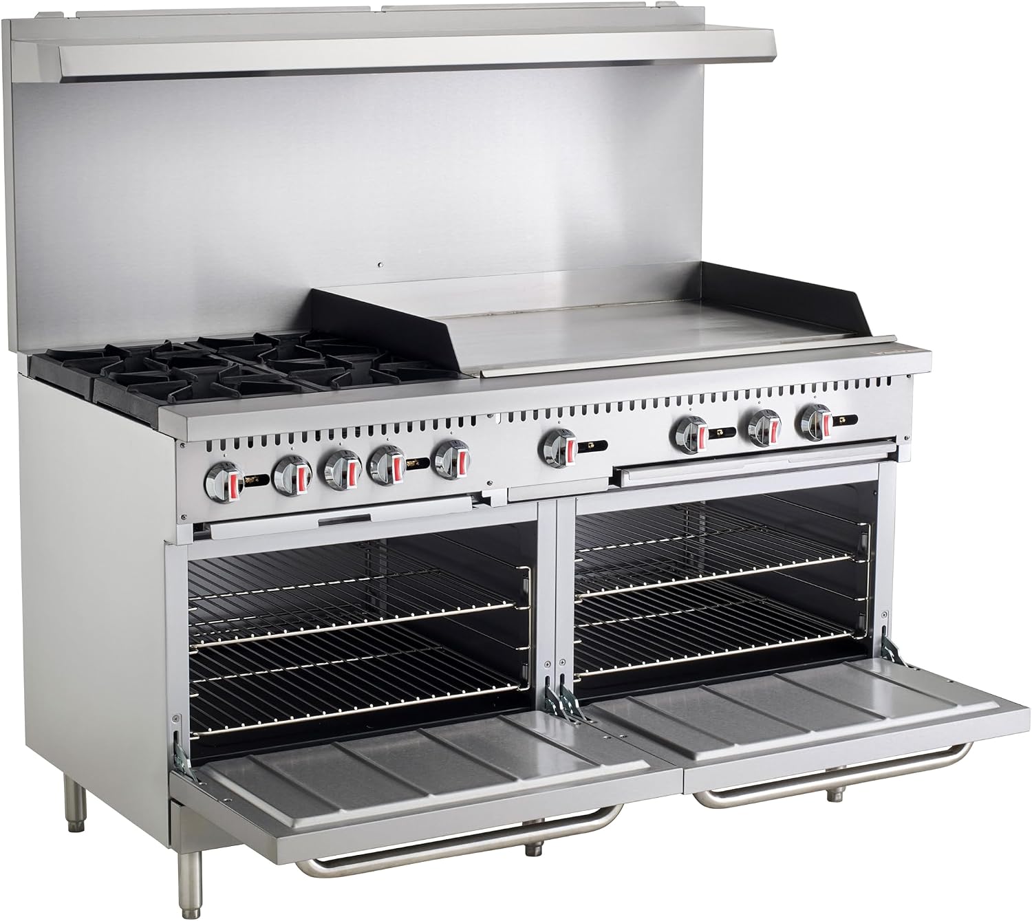 Kratos Commercial Gas Range, 60' Wide with 36' Griddle, 4 Burners, and 2 Standard Ovens, Natural Gas (29Y-171-NAT)