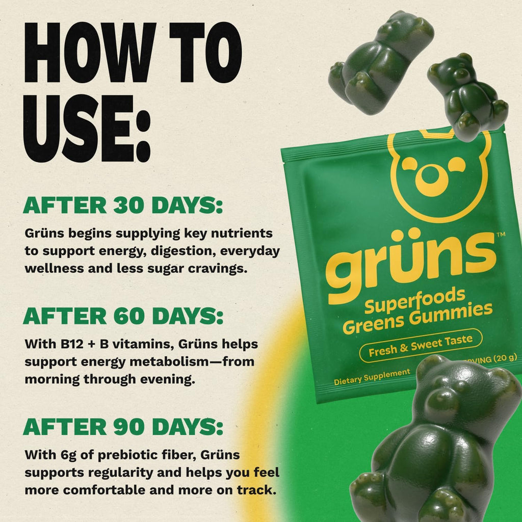 Gruns Adult Super Greens Multivitamin Gummies, Superfood Gummy Vitamins for Women and Men with Spirulina, Chlorella, Adaptogens & Prebiotic Fiber for Digestive Health (28 Count) (Pack of 2)