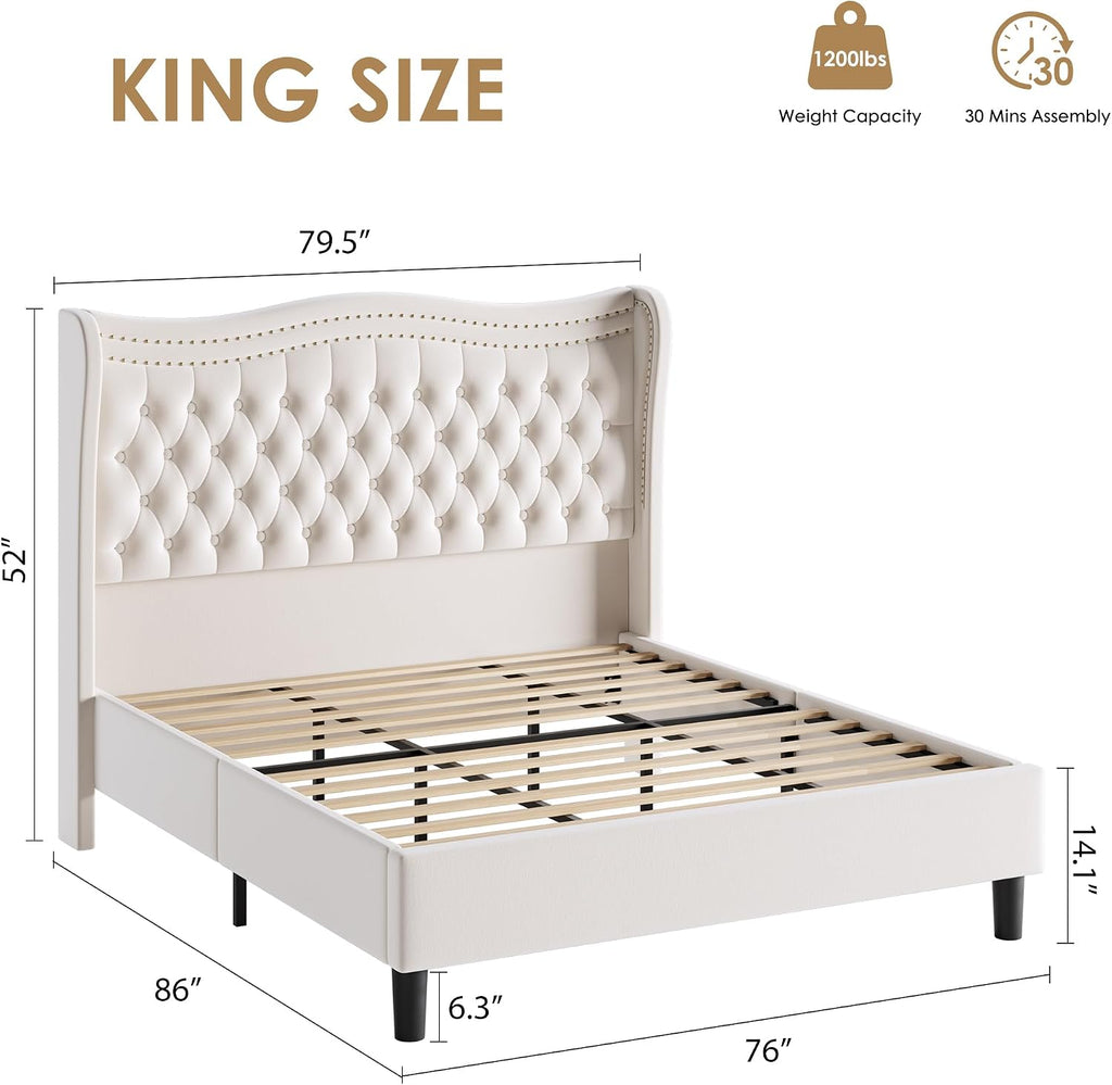 Upholstered King Size Bed Frame with Tall Headboard, Velvet Wingback Platform Bed Frame with Deep Button Tufted, No Box Spring Needed, Noise Free, Beige