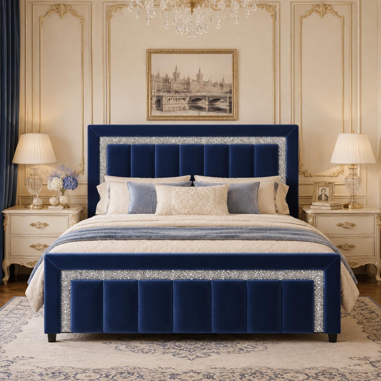 HOMBCK Full Size Bed Frame with Upholstered Headboard and Footboard, Full Size Upholstered Bed Frame with Diamond Design, No Box Spring Needed, Easy Assembly, Blue