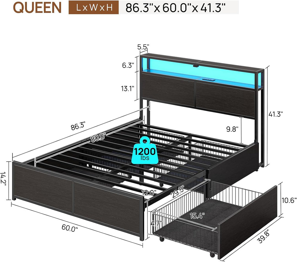 Rolanstar Queen Bed Frame with 4 Storage Drawers, Charging Station and LED Lights, Metal Platform Bed with 2-Tier Storage Headboard, No Box Spring Needed, Easy Assembly, Noise-Free, Black