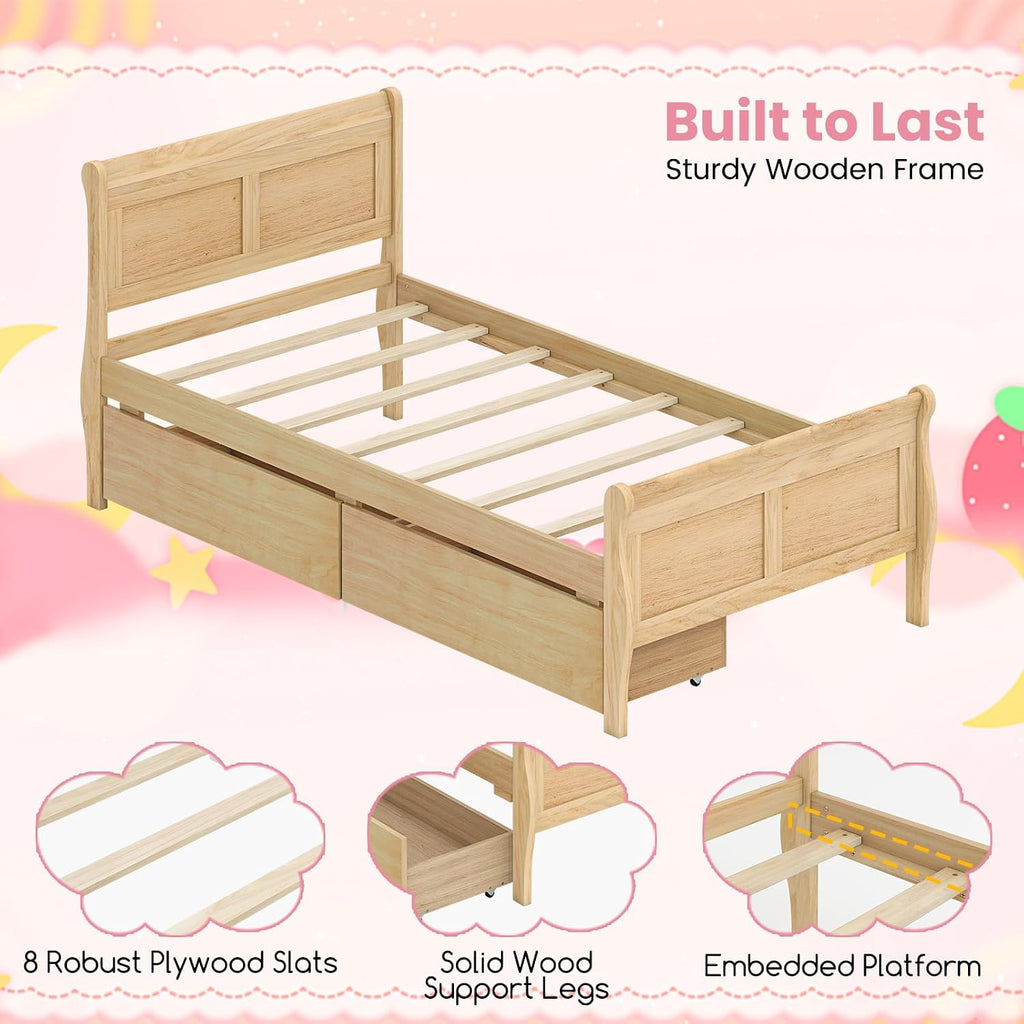 KOMFOTT 2 Twin Bed with 2 Drawers, Twin Storage Bed with Headboard for Bedroom, Sleigh Wood Bed Frame with Wooden Slats Support for Kids, Teens, Adults, No Box Spring Needed (Natural)